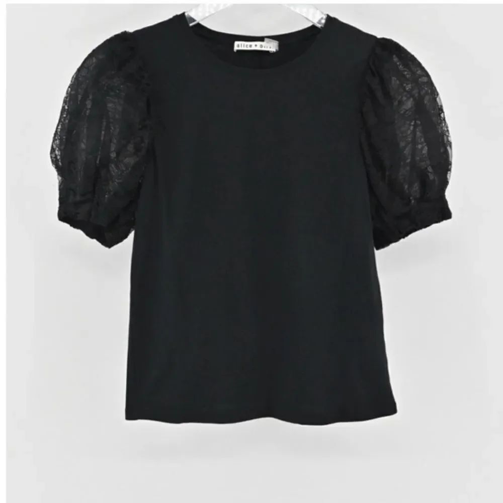 Alice + Olivia Womens Posey Top Black Lace Silk Puff Sleeve Chic Blouse Sz XS